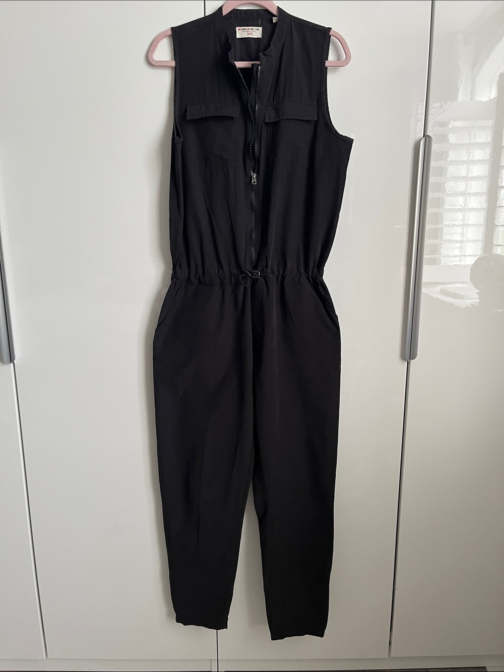 Triple Five Soul Black Sleeveless Zip-Front Utility Jumpsuit, Size XL